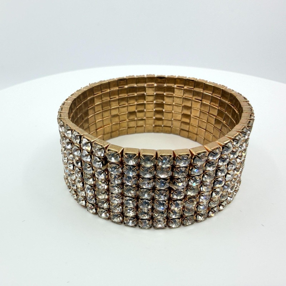 Vintage Gold Tone Multi Row Rhinestone Stretch Bracelet Wide Cuff Statement Boho